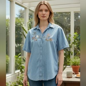 VTG 90s Northern Treasure Embroidered Chambray Shirt Blue Sz. S Cottage Country